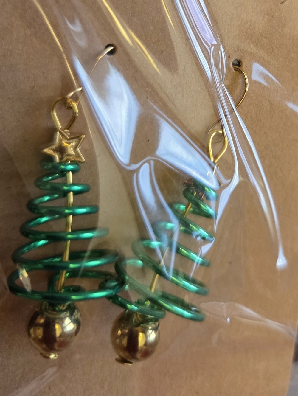 Green and Gold Spiral Christmas Tree Drop Earrings